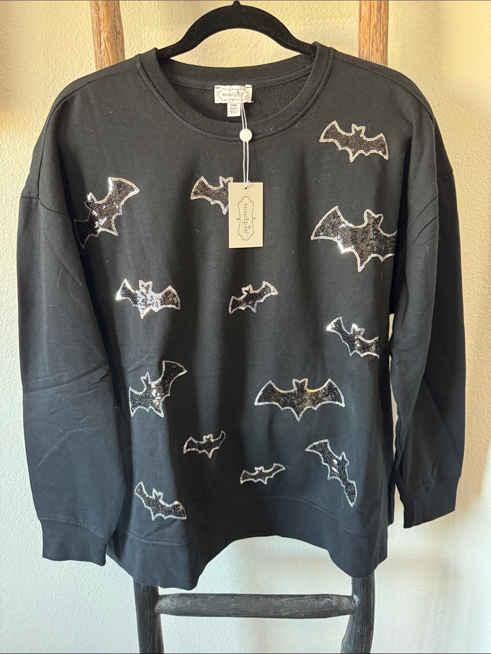 NWT Mud Pie Black Crewneck Sweatshirt with Sequin Bat Appliqués